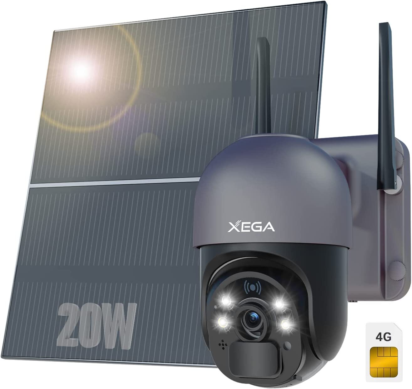 Xega 4G LTE Cellular Security Camera - 20W Solar Panel 20000mAh Built-in Battery