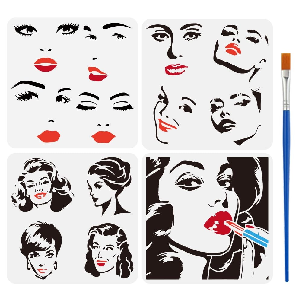 4 Pcs Female Stencils with a Paint Brush 4 Styles Woman Face Facial Expressio...