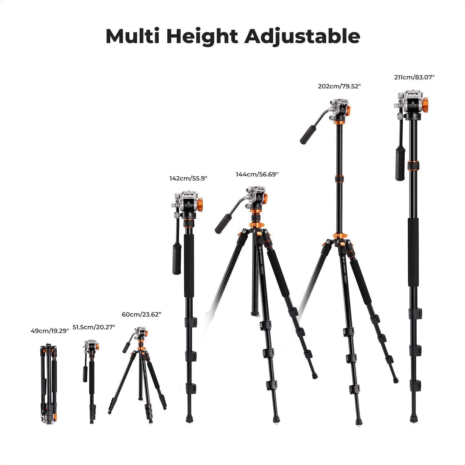 K&F Concept 83in Camera Video Tripod Travel fr DSLR Compact Tripod w/ Fluid Head