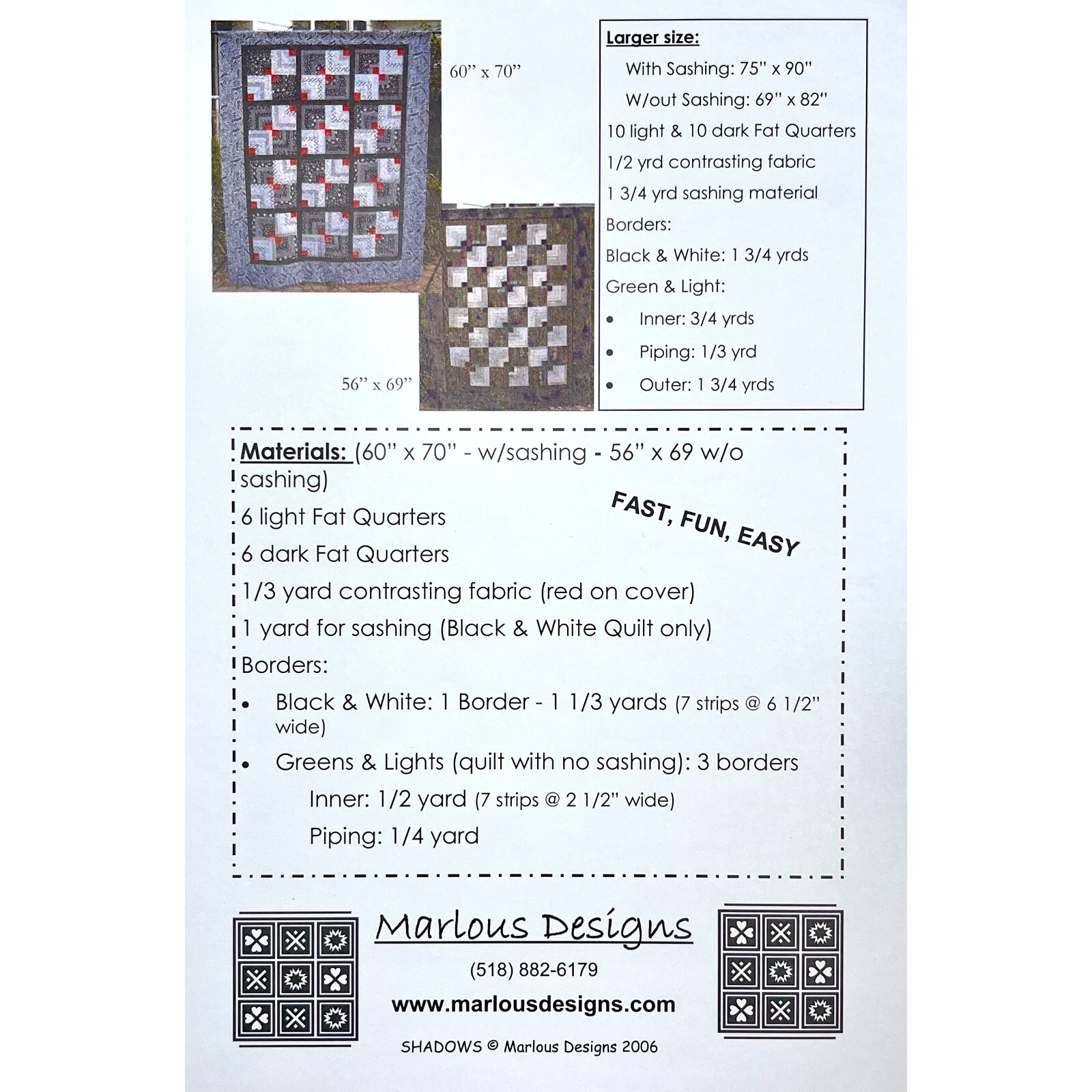 Shadows Quilt Pattern MD18 by Marlous Designs Makes 2 Sizes Fat Quarter Friendly