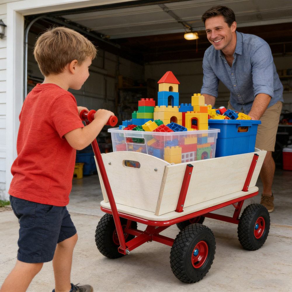 Kids Wooden Toy Wagon Red Outdoor Hauler - 260 lbs Load Capacity