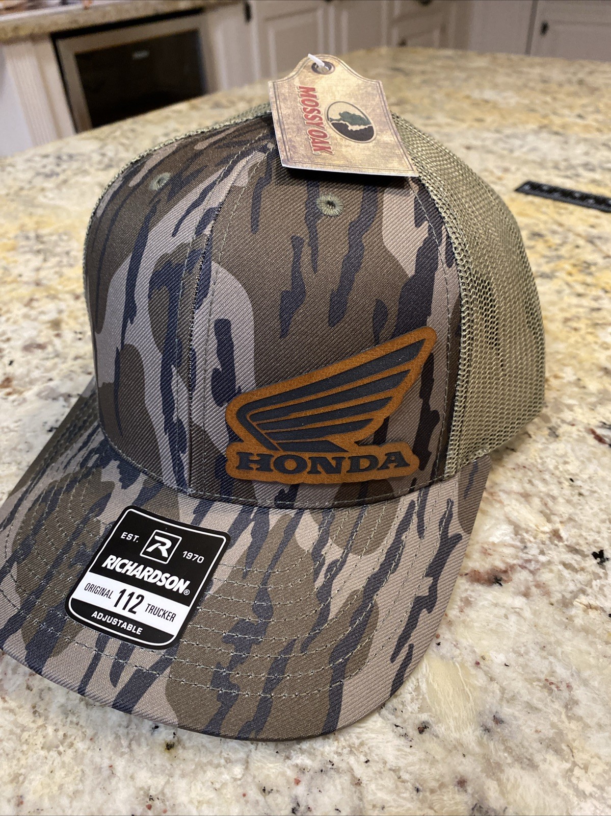 Honda Sports Atv  Biker Leatherette patch on Camo Mossy Oak Richardson 112 Hat