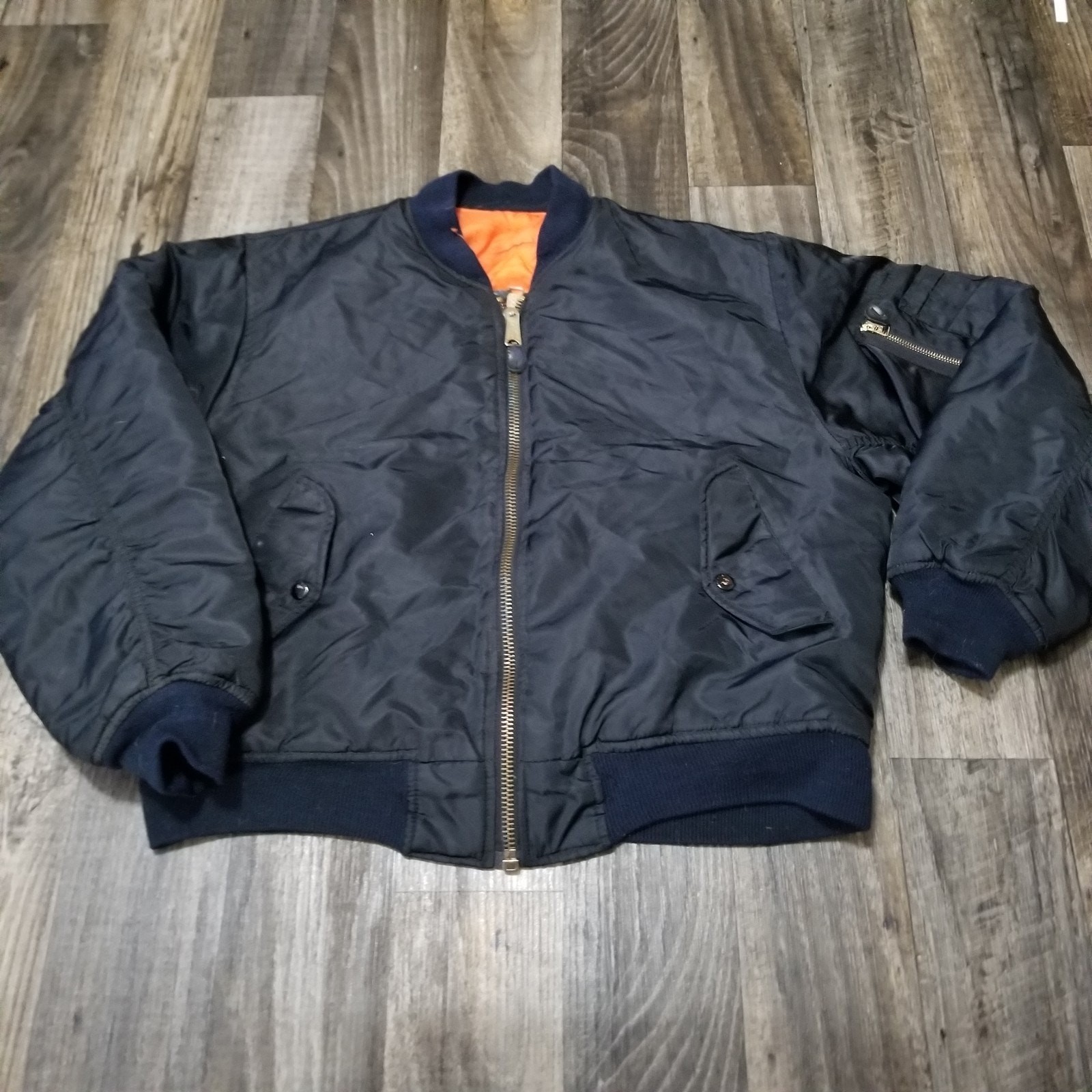 MA-1 Rothco Reversible Bomber Flight Jacket Black Orange Size Medium (Stained)