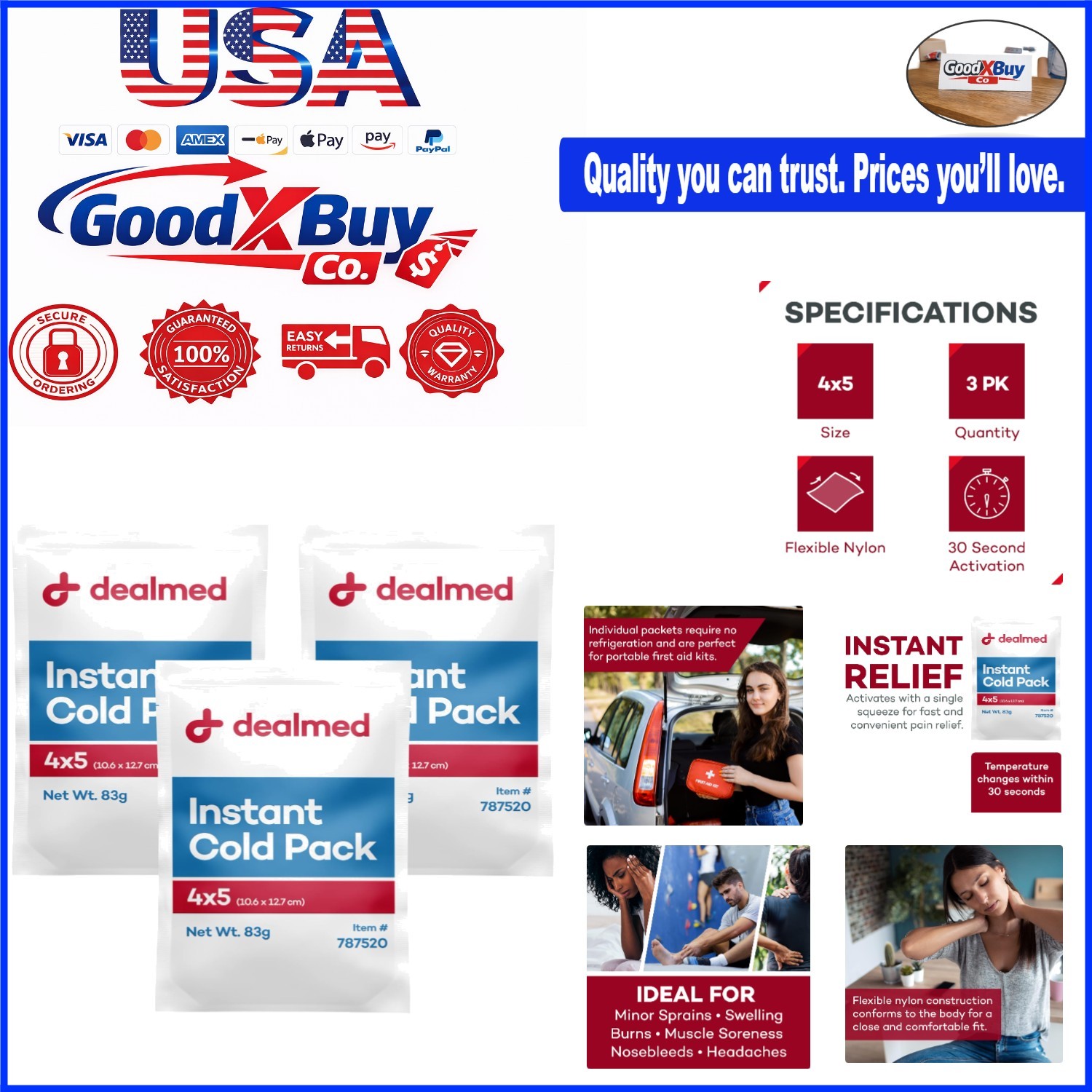 Disposable Cold Pack 4x5 Inch Pack of 3 for Injuries Swelling Soreness Flexib...