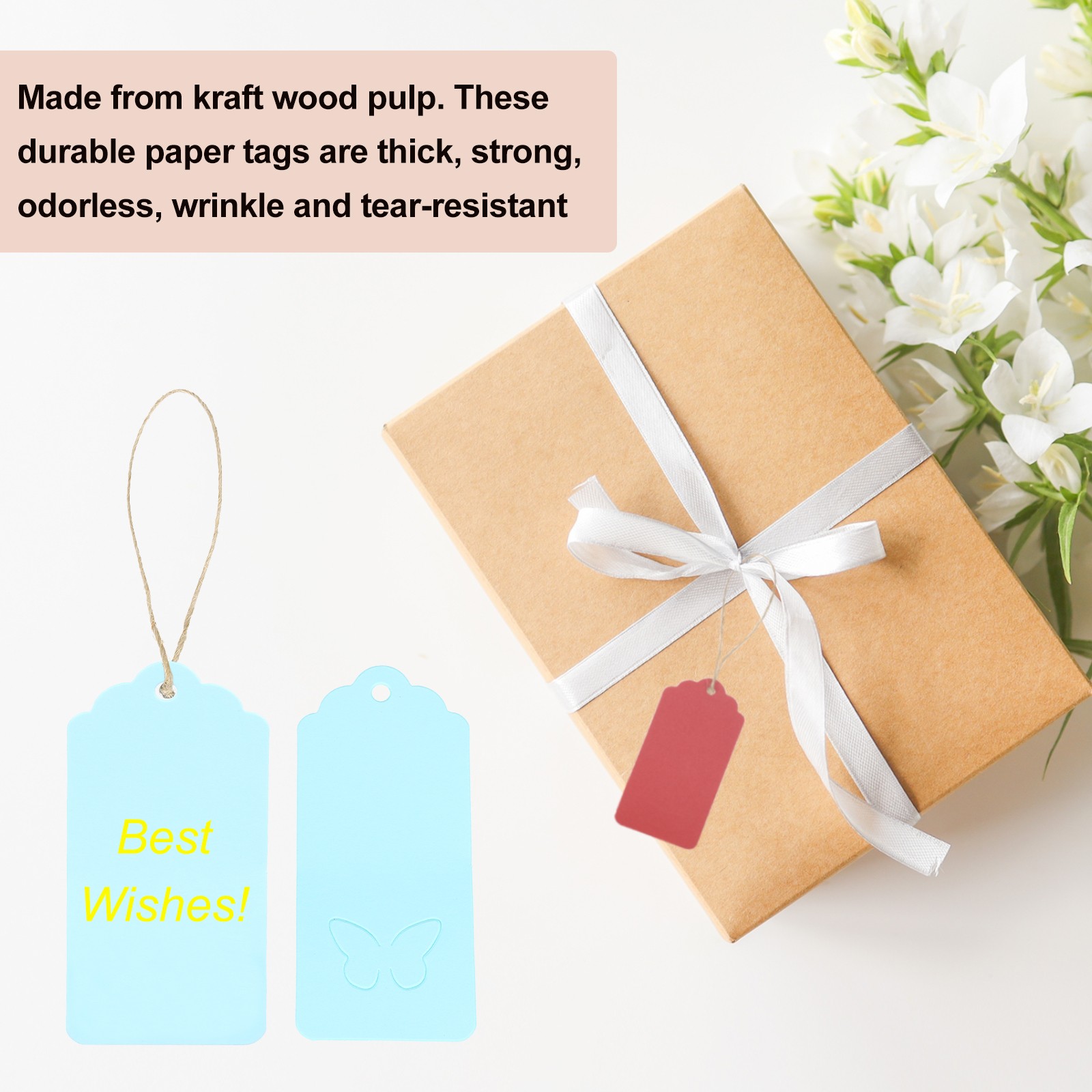 100Pcs Kraft Paper Tags String 3.5 x 1.6 Inch Wave Shape Blue