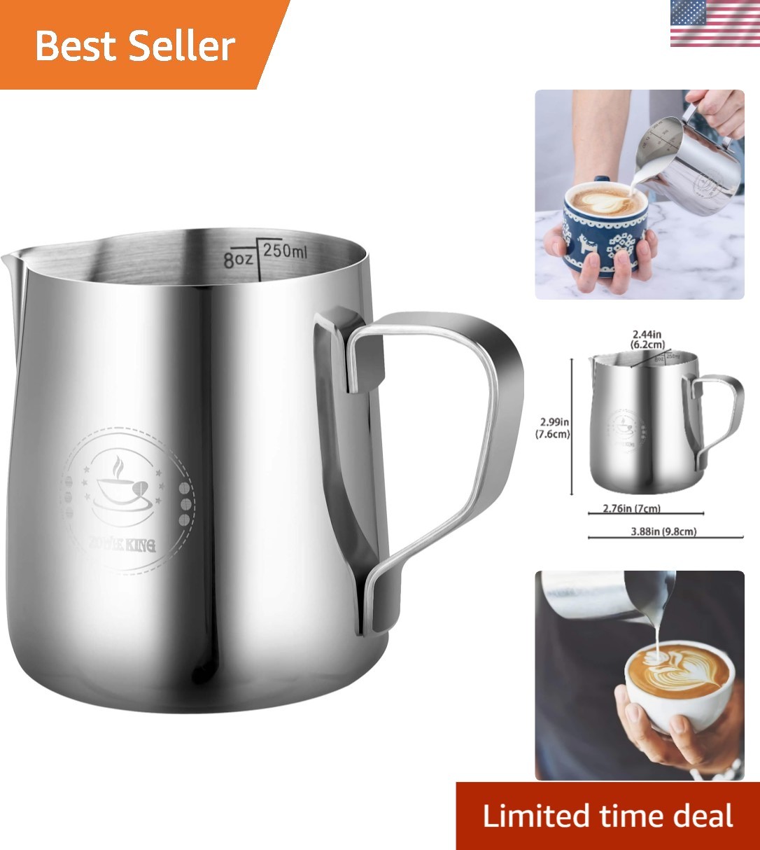 Compact 250ml Milk Frother with Precision Spout for Barista Quality Coffee