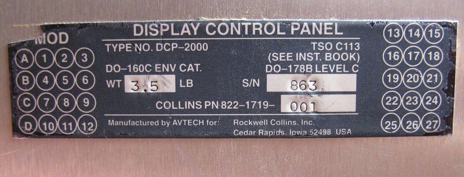 COLLINS DCP-2000 Display Control Panel p/n 822-1719-001