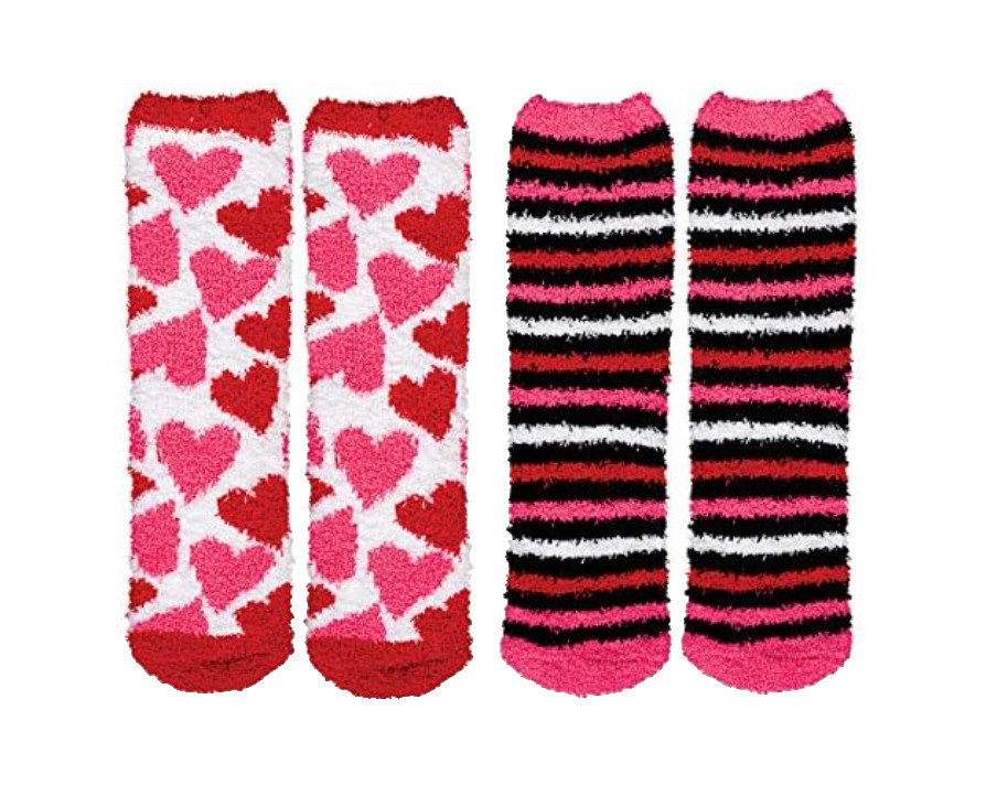 Valentine Hearts and Stripes Fuzzy Socks 2 Pairs - Adult Standard