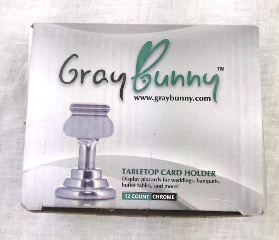 12 - 1.5 Tall Tabletop Card Holder - Harp-Clip - Chrome - Gray Bunny