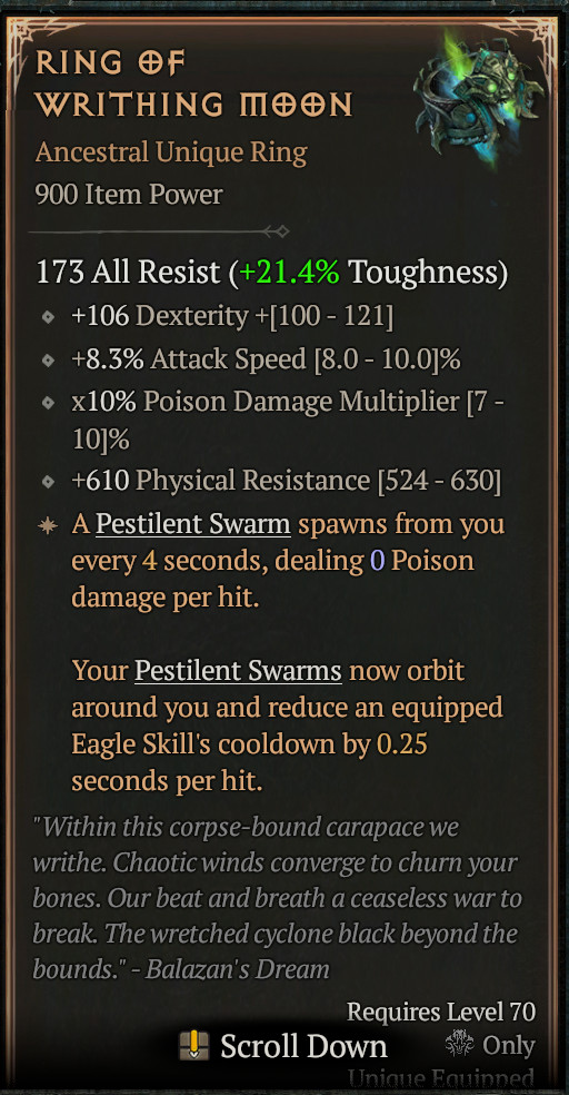 😈 DIABLO 4 SEASON 14 😈 Ring of the Writhing Moon 🔥 Ancestral Unique Ring 🔥