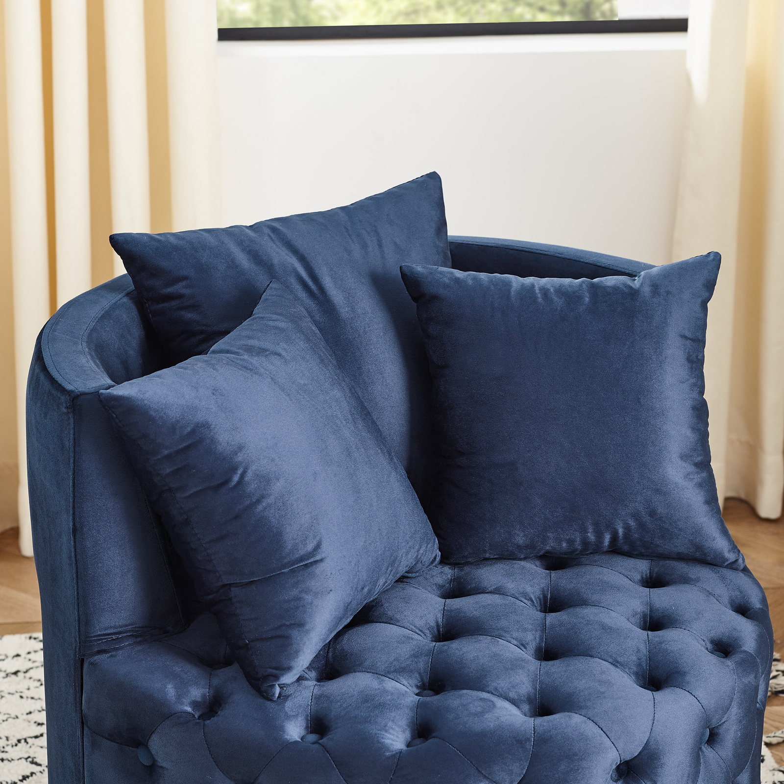 Velvet Upholstered Swivel Chair for Living Room w/ Button Tufted Design, Blue