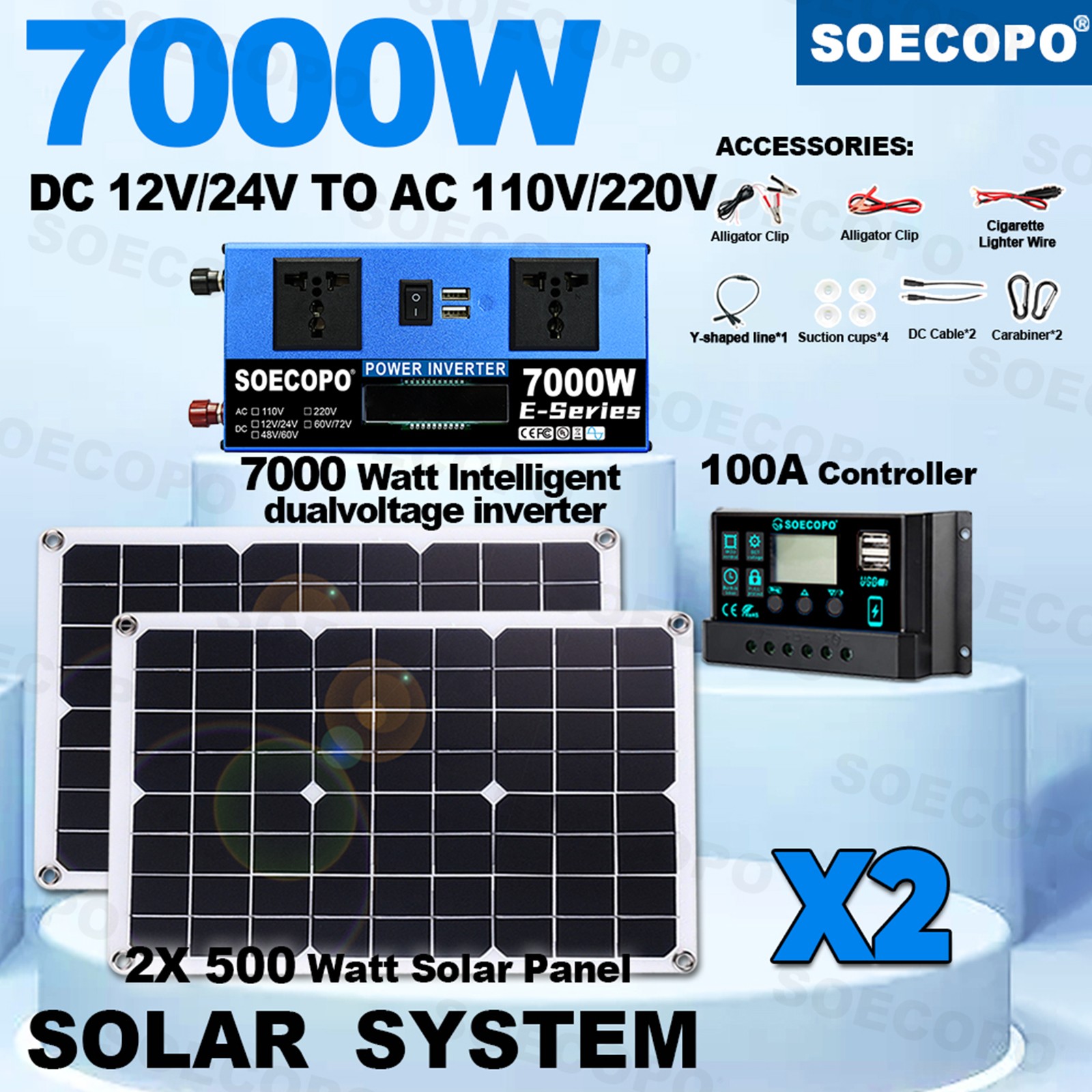 7000W Solar Kit | Complete Inverter 2pcs Solar Panels & 100A Controller