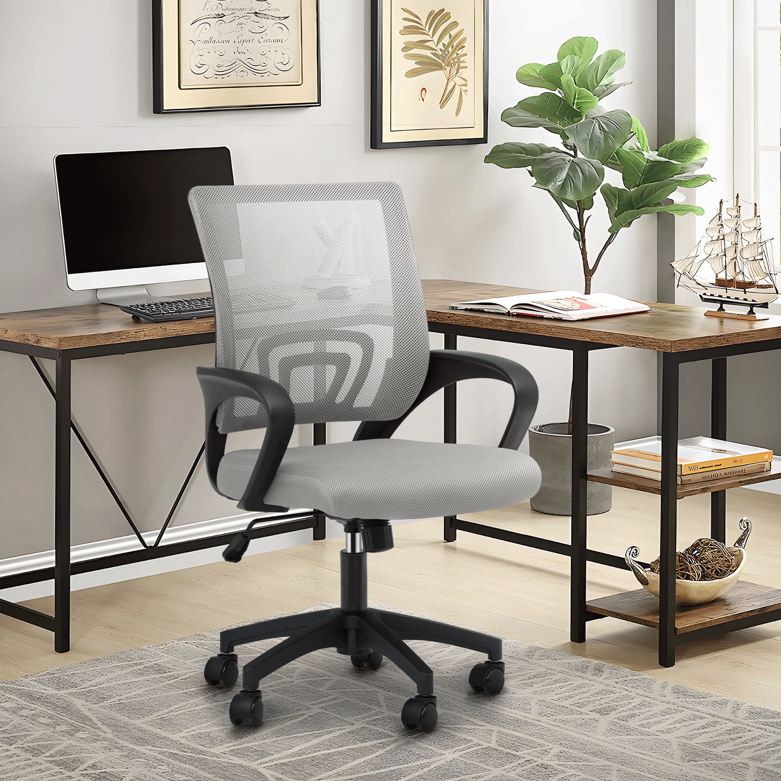Adjustable Height Computer Home Office Ergonomic Desk Mesh Chair Light Grey
