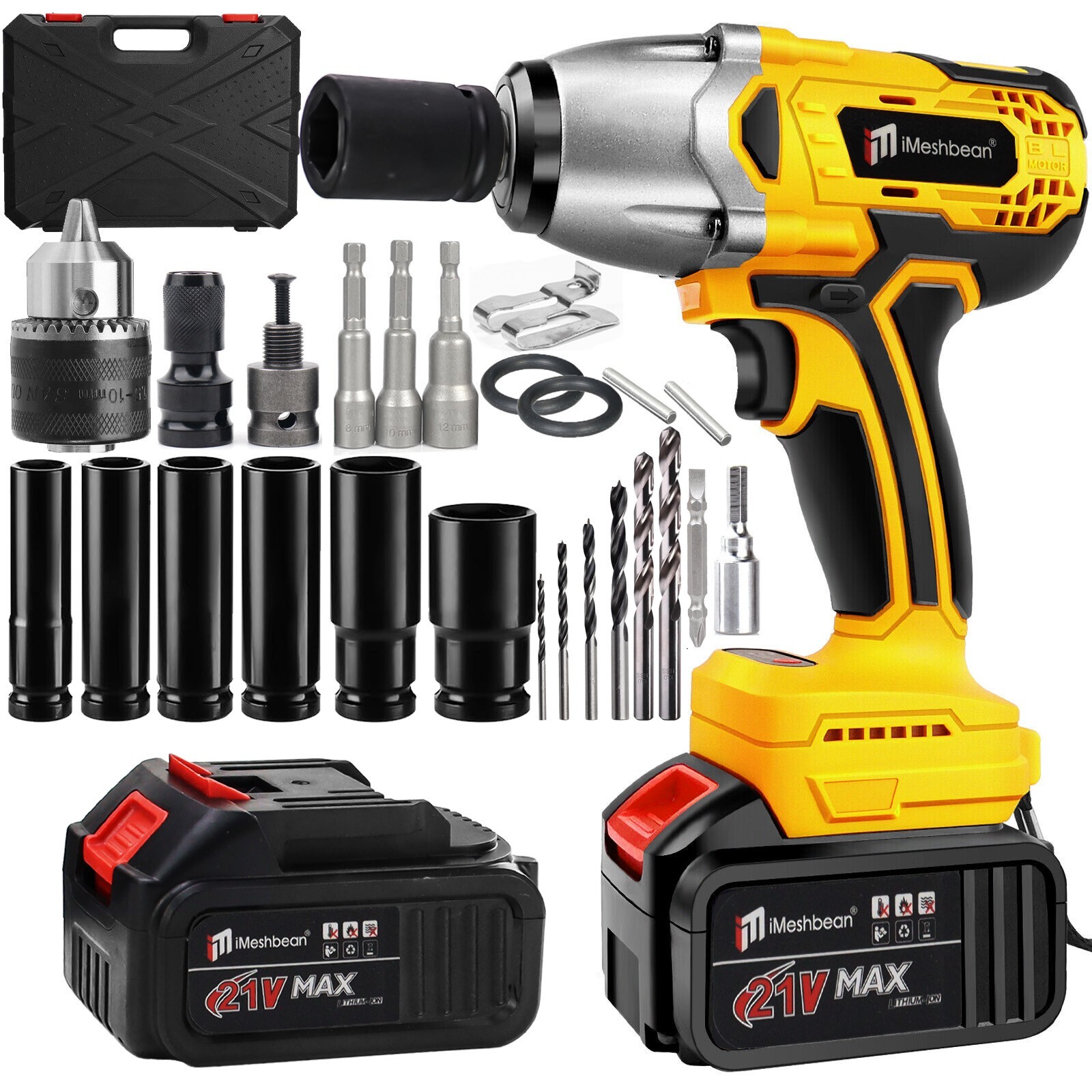 Brushless Cordless 1/2" High Torque Electric Impact Wrench Drill 1000Nm 2Battery