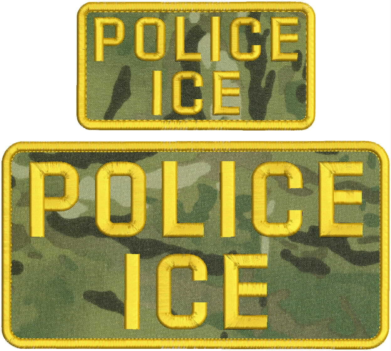 POLICE I C E EMBROIDERY PATCH 5X10 AND 2.5X5 HOOK ON Back multicam/gold