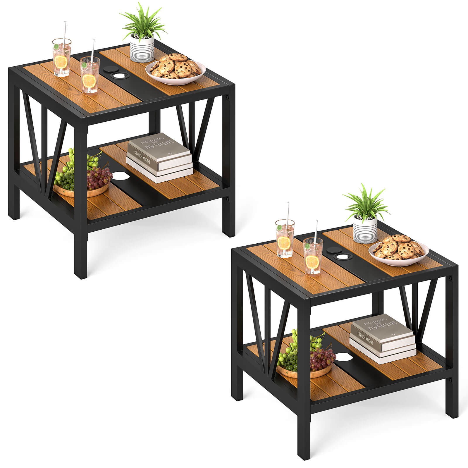 2PCS Outdoor Side Table 2-Tier Coffee End Table 1.57” Umbrella Hole Storage Shel