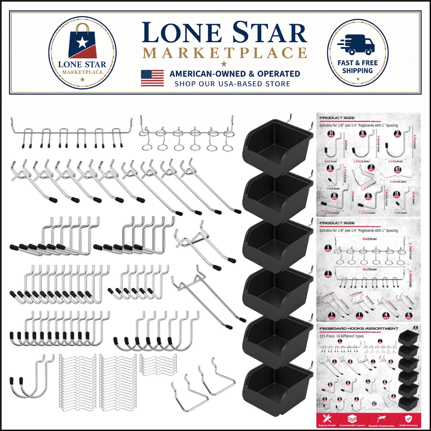 Ultimate 121-Piece Pegboard Hooks Set, Pegboard Accessories with Metal Hooks, Du
