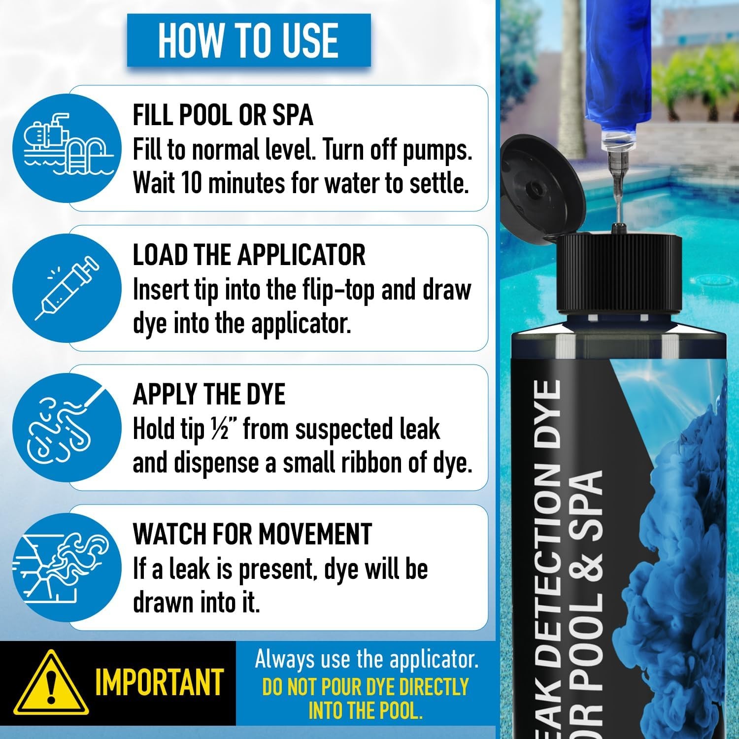 Pool Leak Detection Dye Kit - 75+ Tests - 2 Stainless Steel Precision Applicator