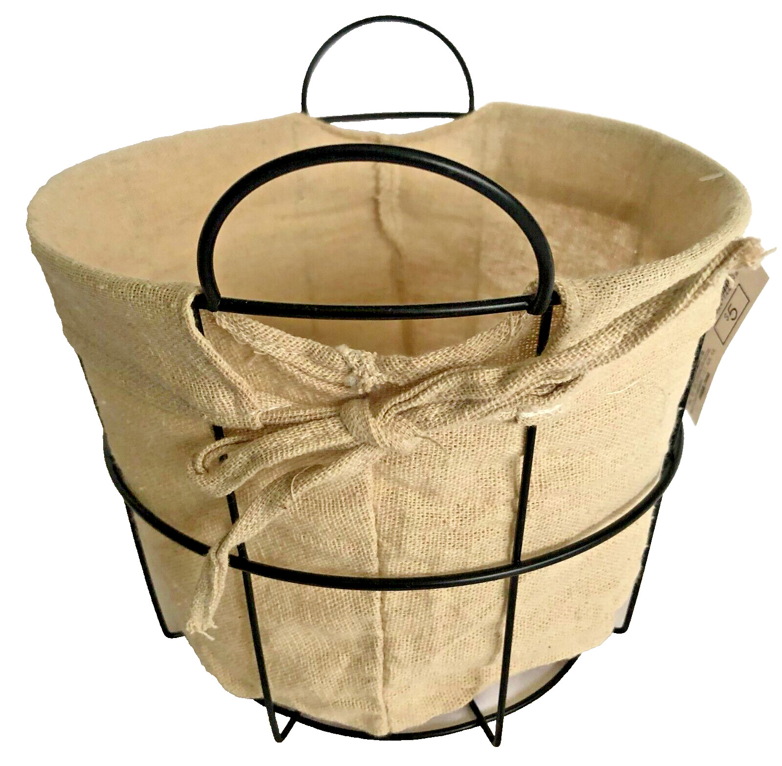 Black Circular Basket With Light Weight Burlap Fabric 8" Diameter
