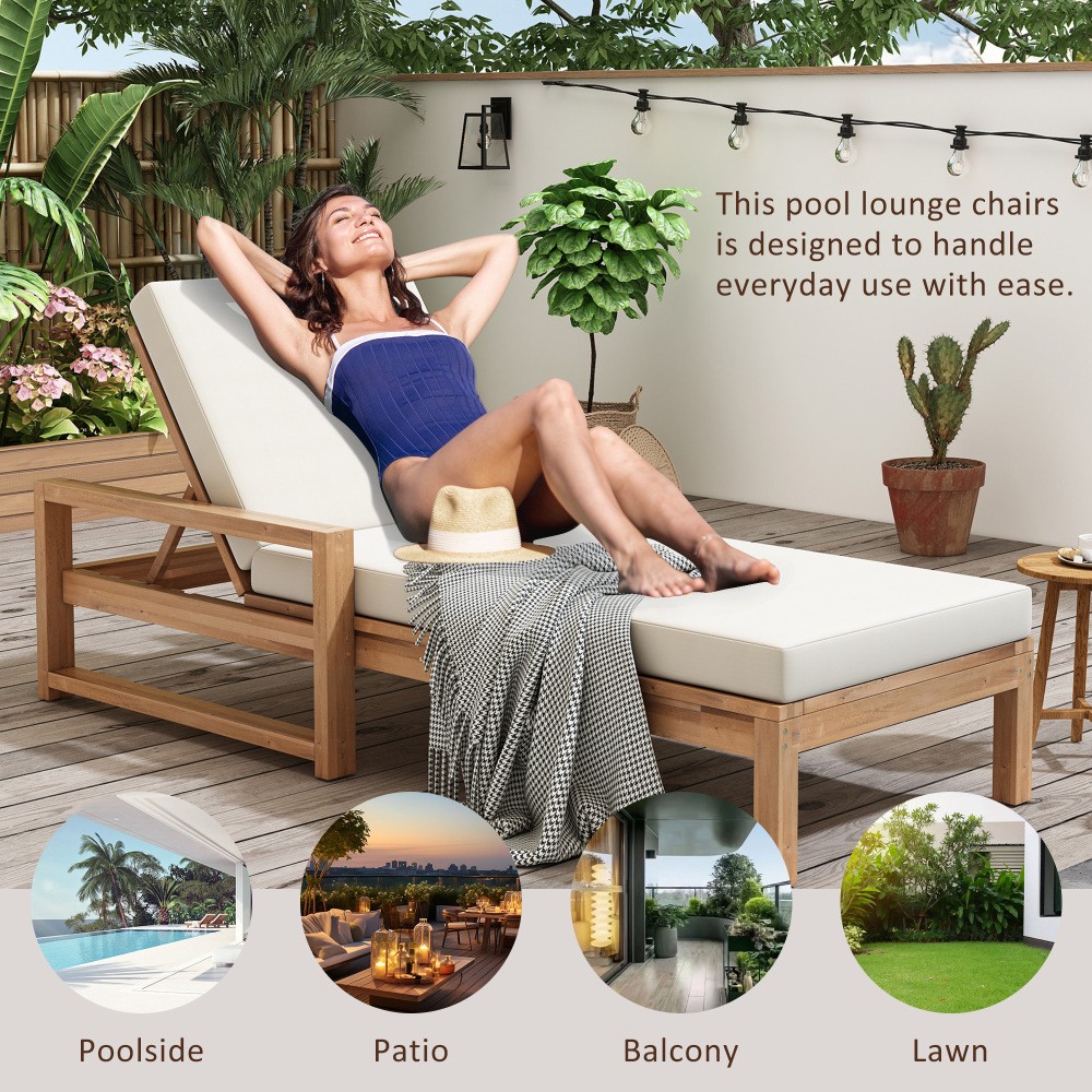 Adjustable Outdoor Lounge Recliner Chair w/Cushion Pool Backyard Deck Lawn Wood