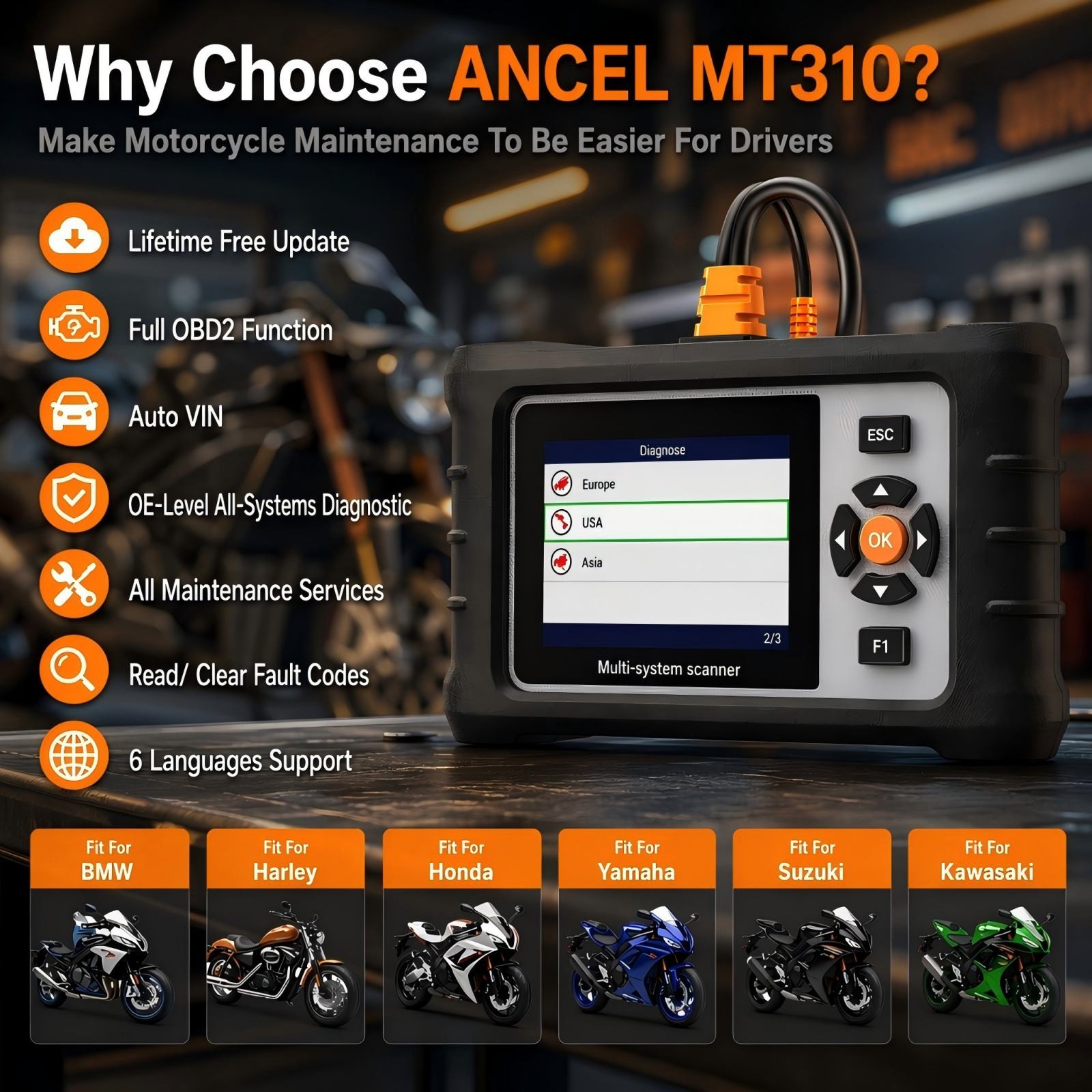 Motorcycle Scanner Full System Diagnosis Read Clear Fault Codes Service Reset