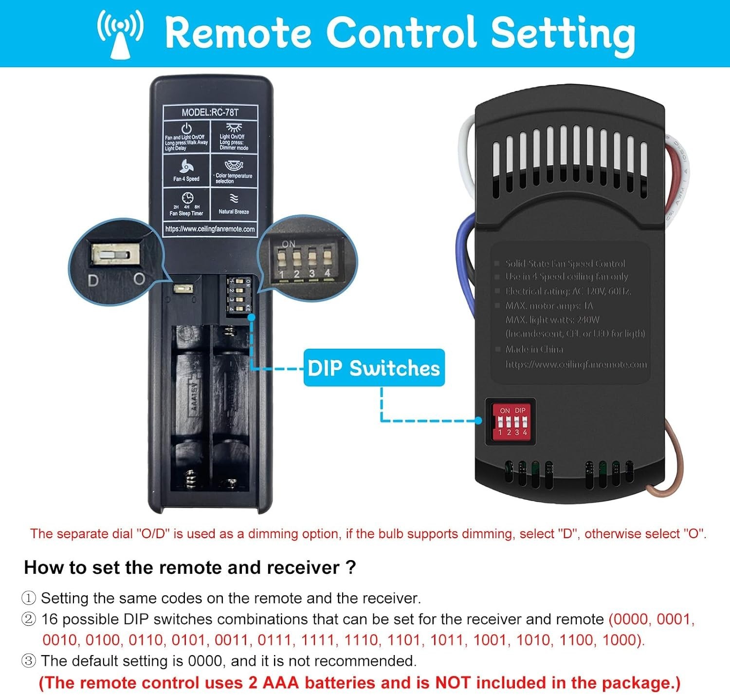 Universal Ceiling Fan Remote Kit 4 Speed Dimmer Timer Wall Mount Light Delay