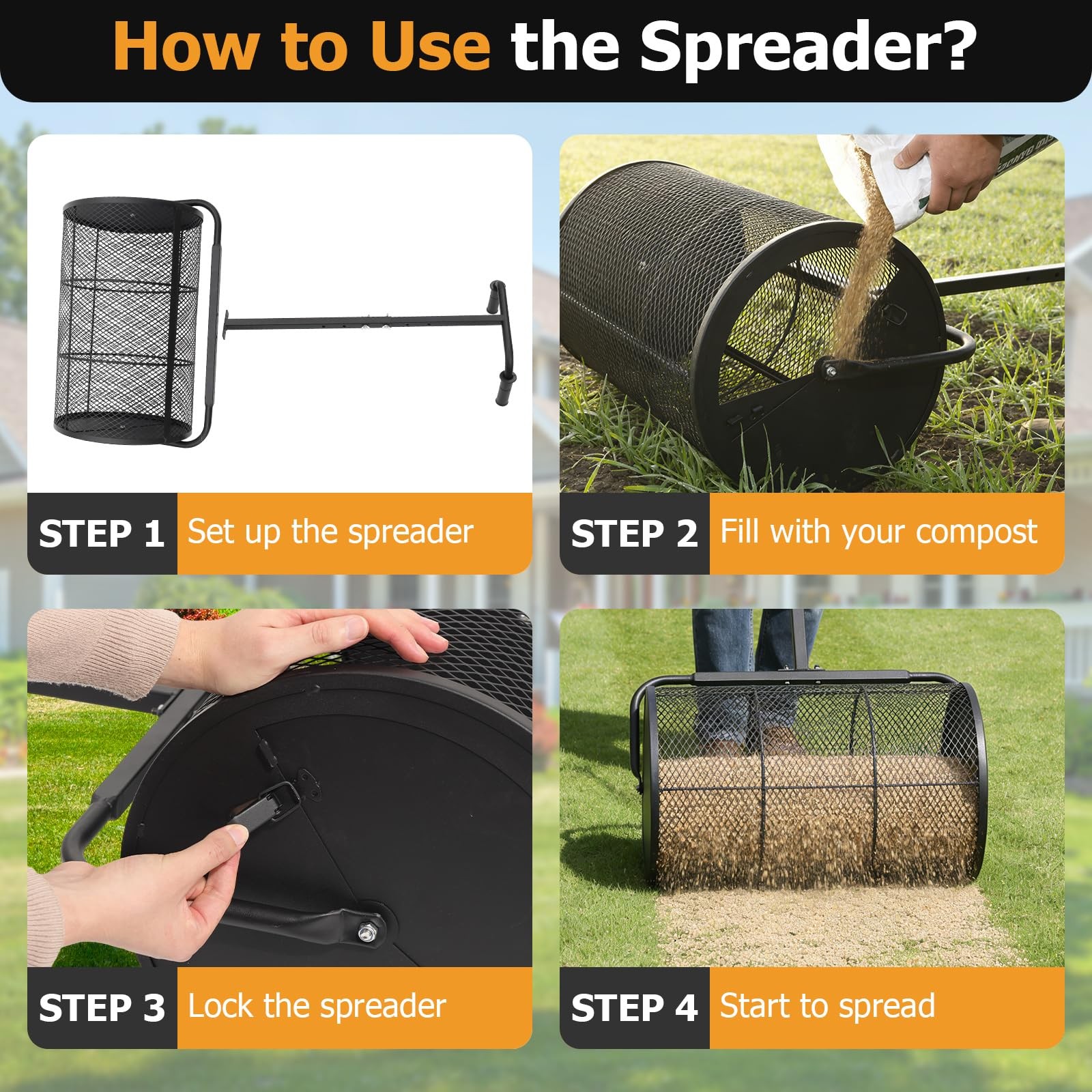 REILEIHODE Compost Spreader 24in Peat Moss Spreader U Shaped Comfortable Han...