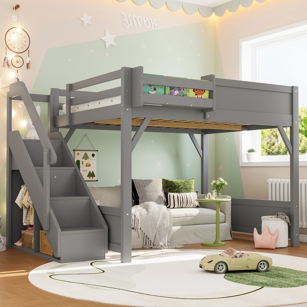 Full Loft Bed with Built-in Wardrobe & Storage, w/Ladder & Desk, Solid Wood