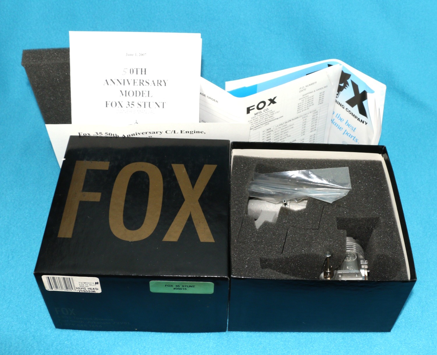 RC Model Plane Engine Fox 35 Stunt 50th +Muffler Hemi Head Black/Gold Box