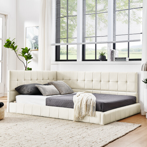 Full Size Velvet Upholstered Tufted Daybed Sofa Bed Frames with Backrest Armrest