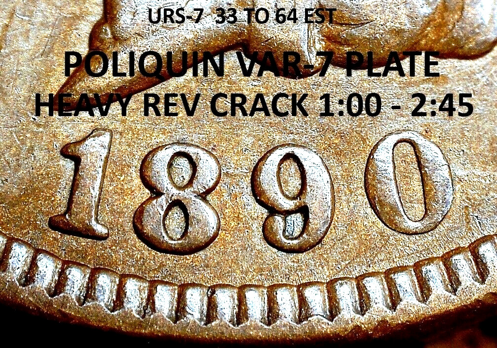 1890 Indian Head Cent - AU, MAJOR REVERSE CRACKS, POLIQUIN VAR-7 PLATE (M423)
