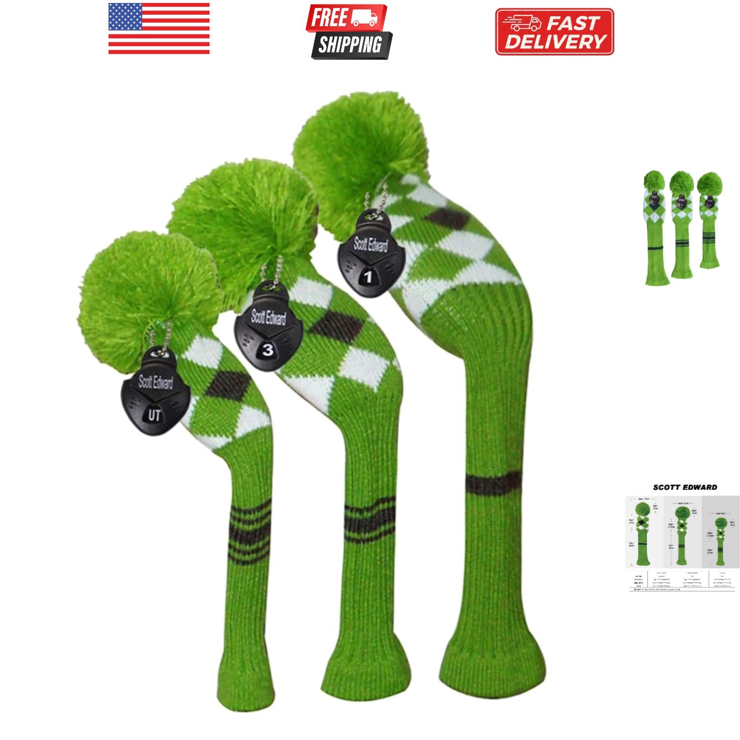 3-Piece Golf Club Cover Set with Pom Pom - Fits Driver460cc & Fairway Wood