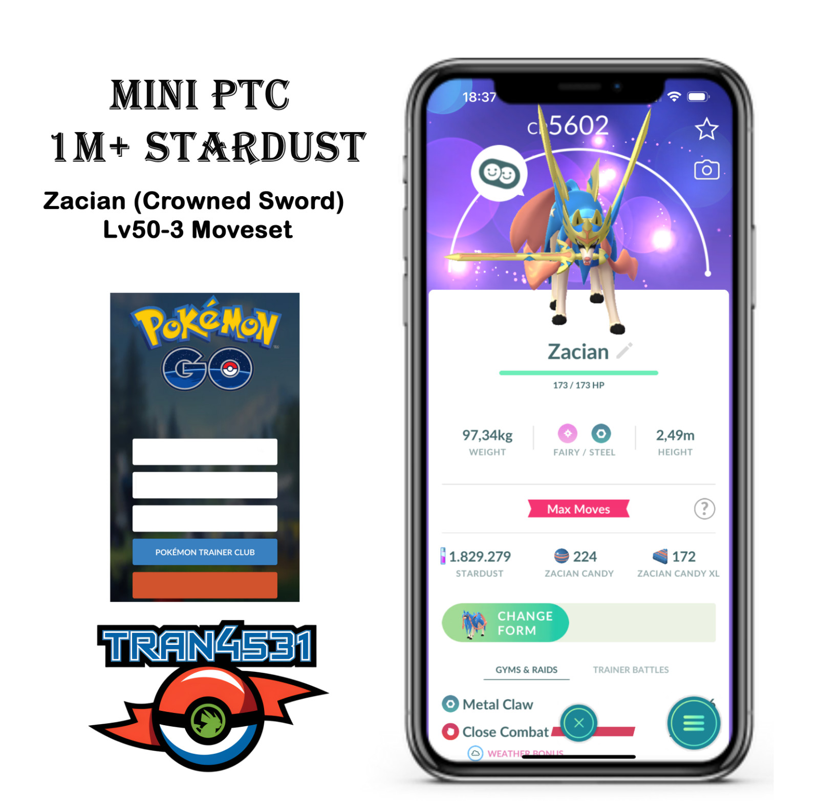 Zacian (Crowned Sword) lv50 - Mini PTC 1m Stardust