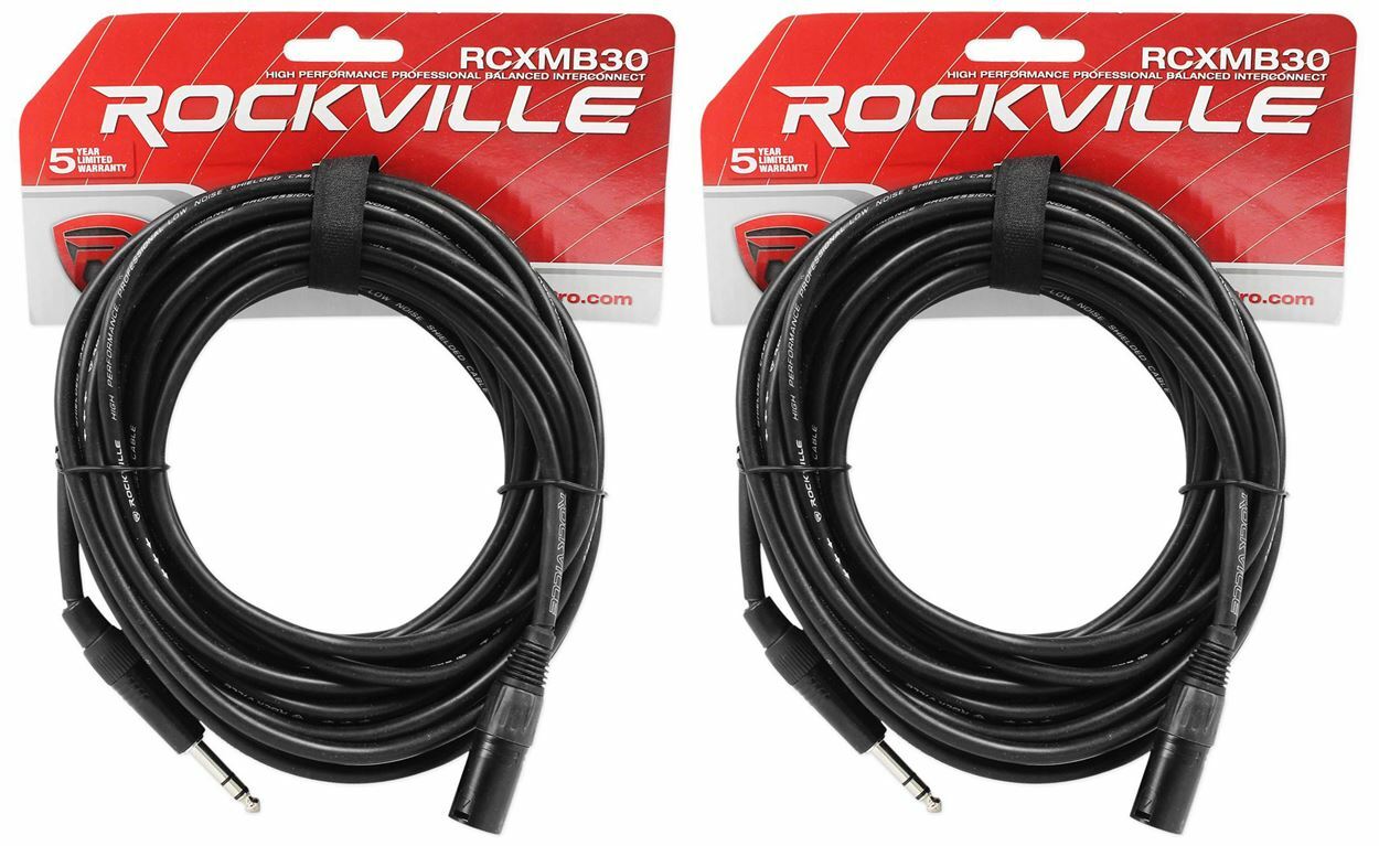 2 Rockville RCXMB30-B Black 30' Male REAN XLR to 1/4'' TRS Balanced Cables