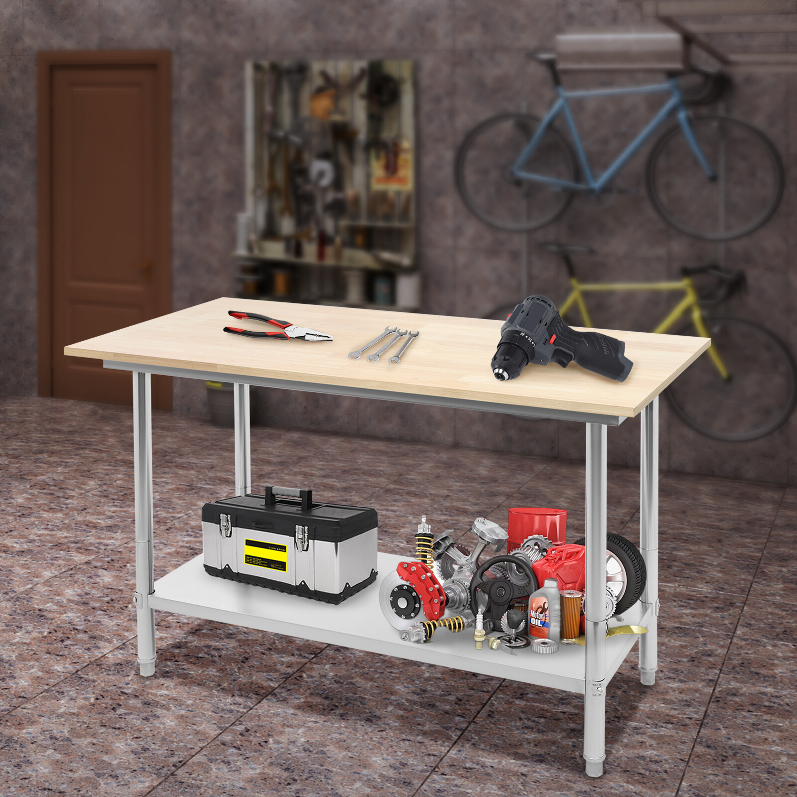 Oak Wood Top Work Table Workbench Work Table with Undershelf 500kg Load Capacity