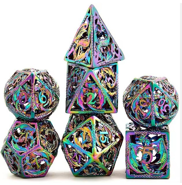 Metal Dice Set (7 pcs) & Box | Hollow | Multi Colored/Rainbow | RPG | DnD | ADnD