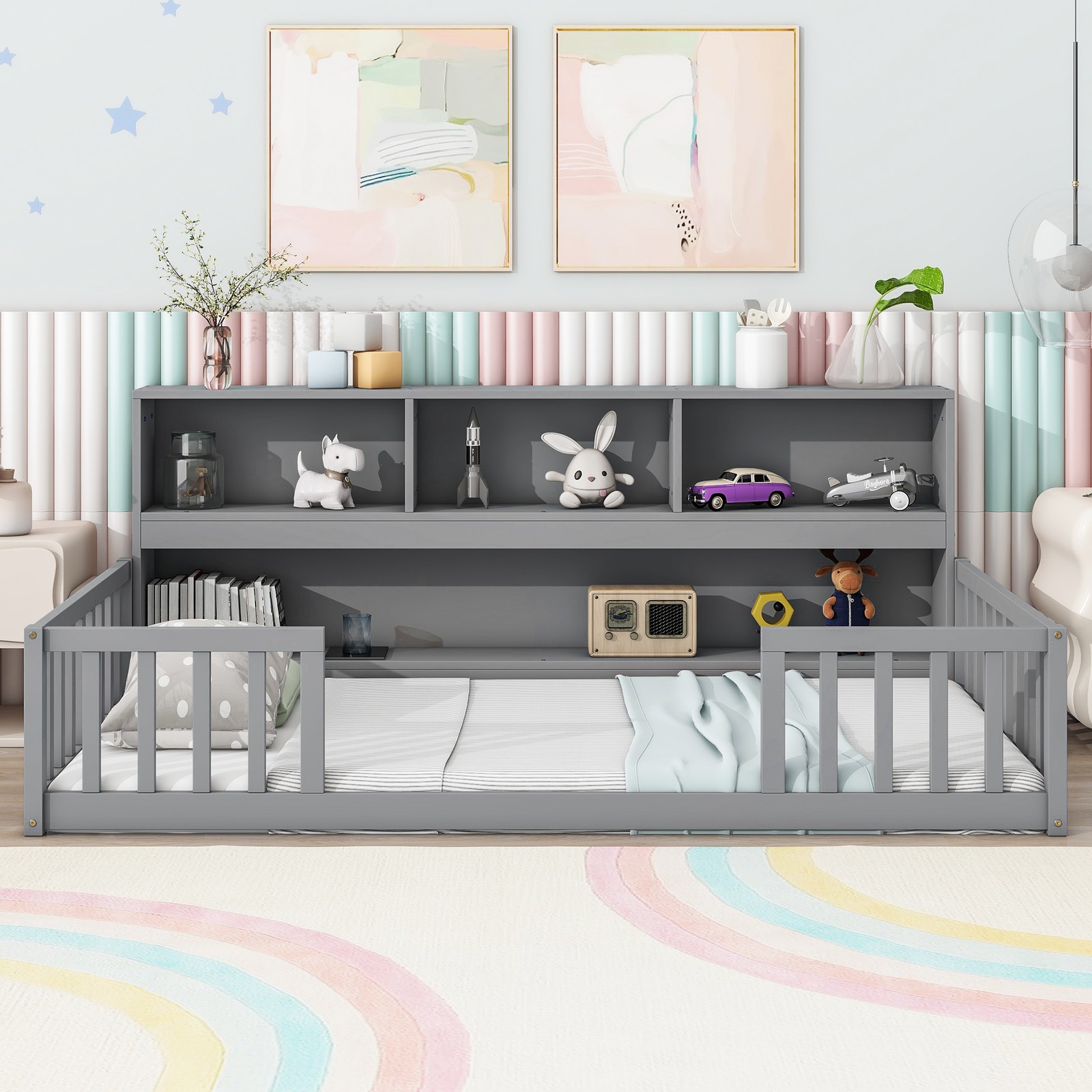 Twin Floor Loft Bed with Guardrails, Bookcase Shelves, Grey, Easy Assembly