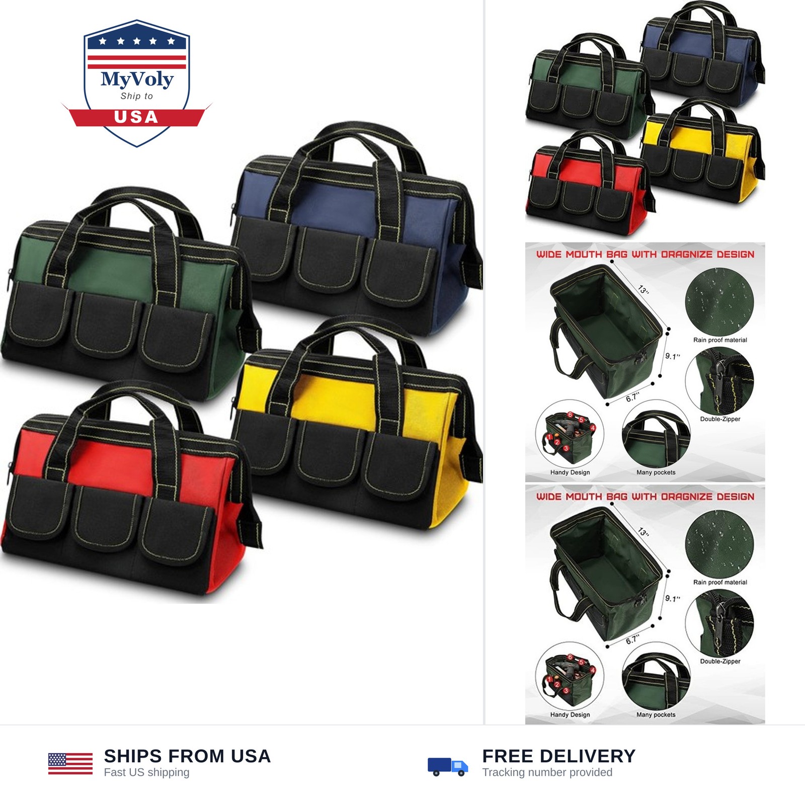 4 Pieces Tool Bag with Waterproof Strong Molded Base Multi Pockets Wide Mouth...