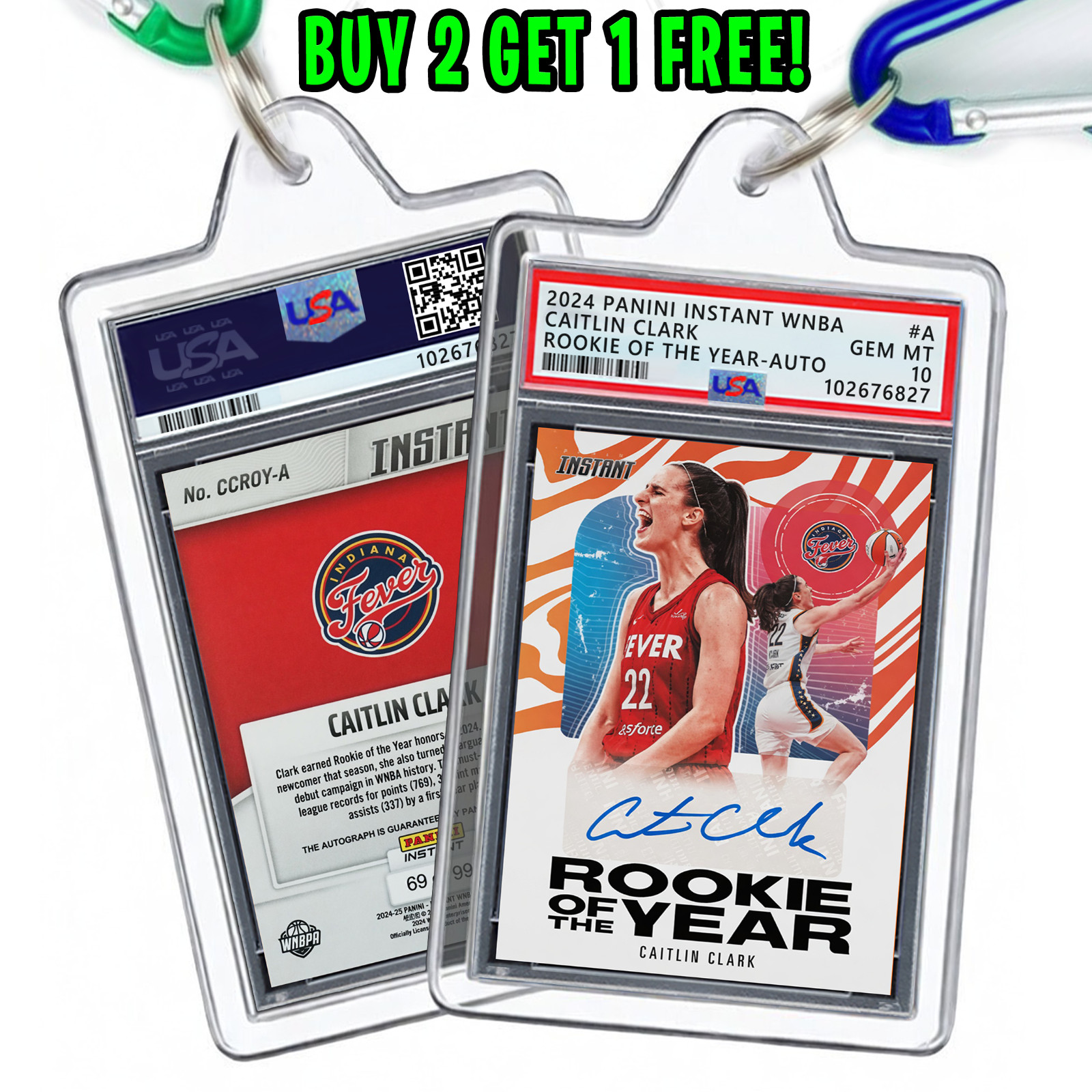 Caitlin Clark, 2024 Rookie of the Year Auto #A | Mini ƤSA 10 Keychain w/ Clip