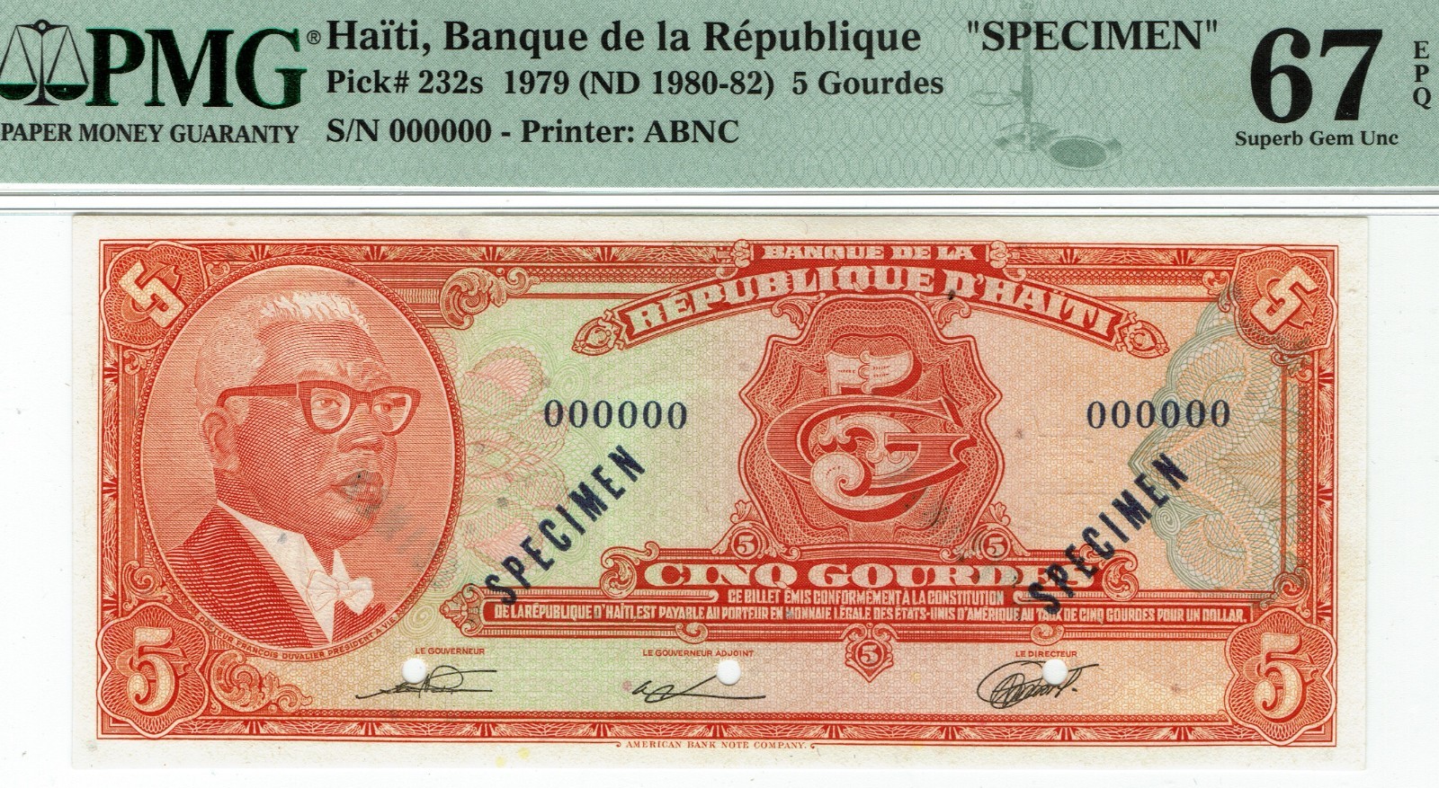 Haiti.  P-232s Specimen.  PMG 67 EPQ.  SUPERB GEM Uncirculated.
