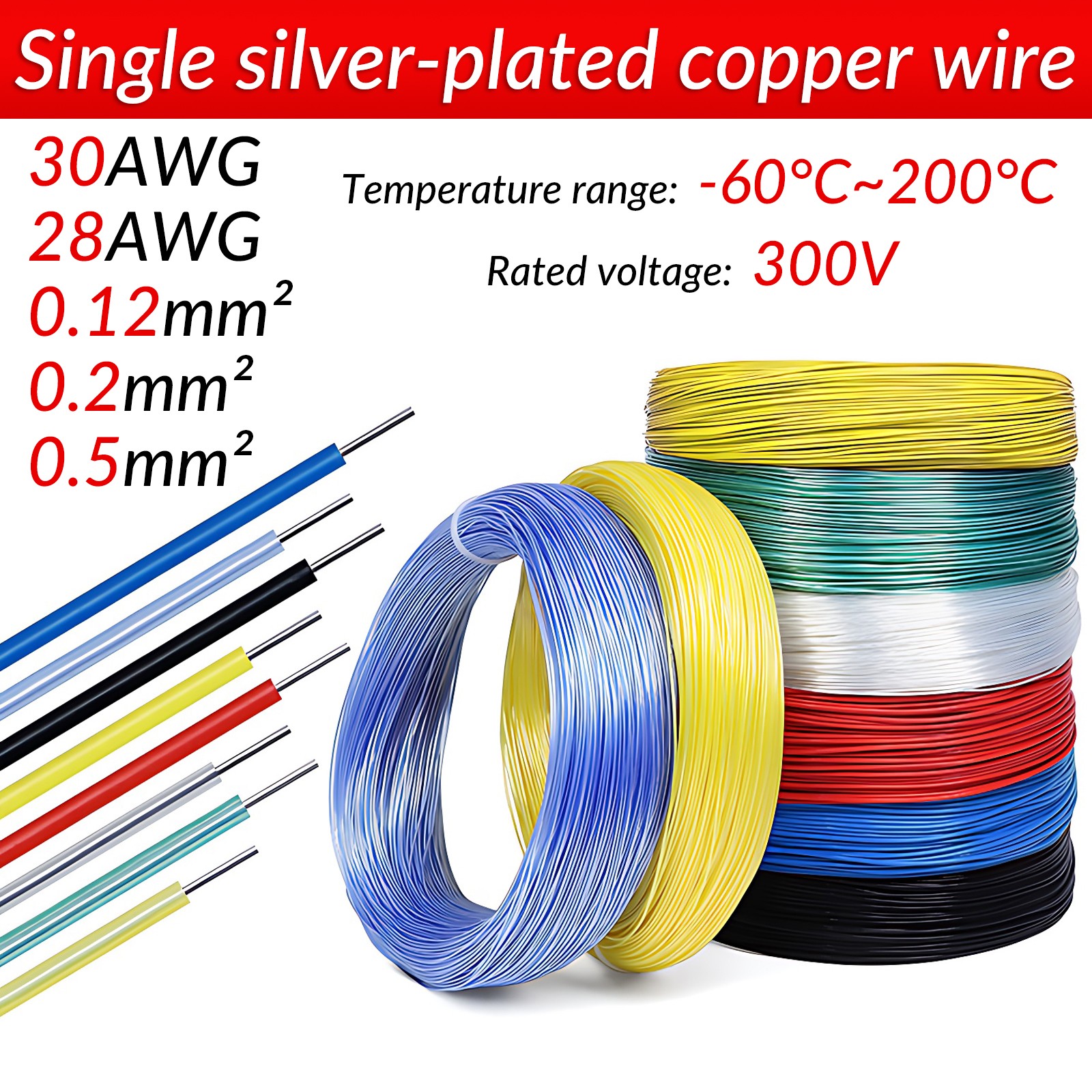 Single Core Silver Plated Copper Wire PTFE Insulated Cable 30AWG/28AWG~0.5mm²