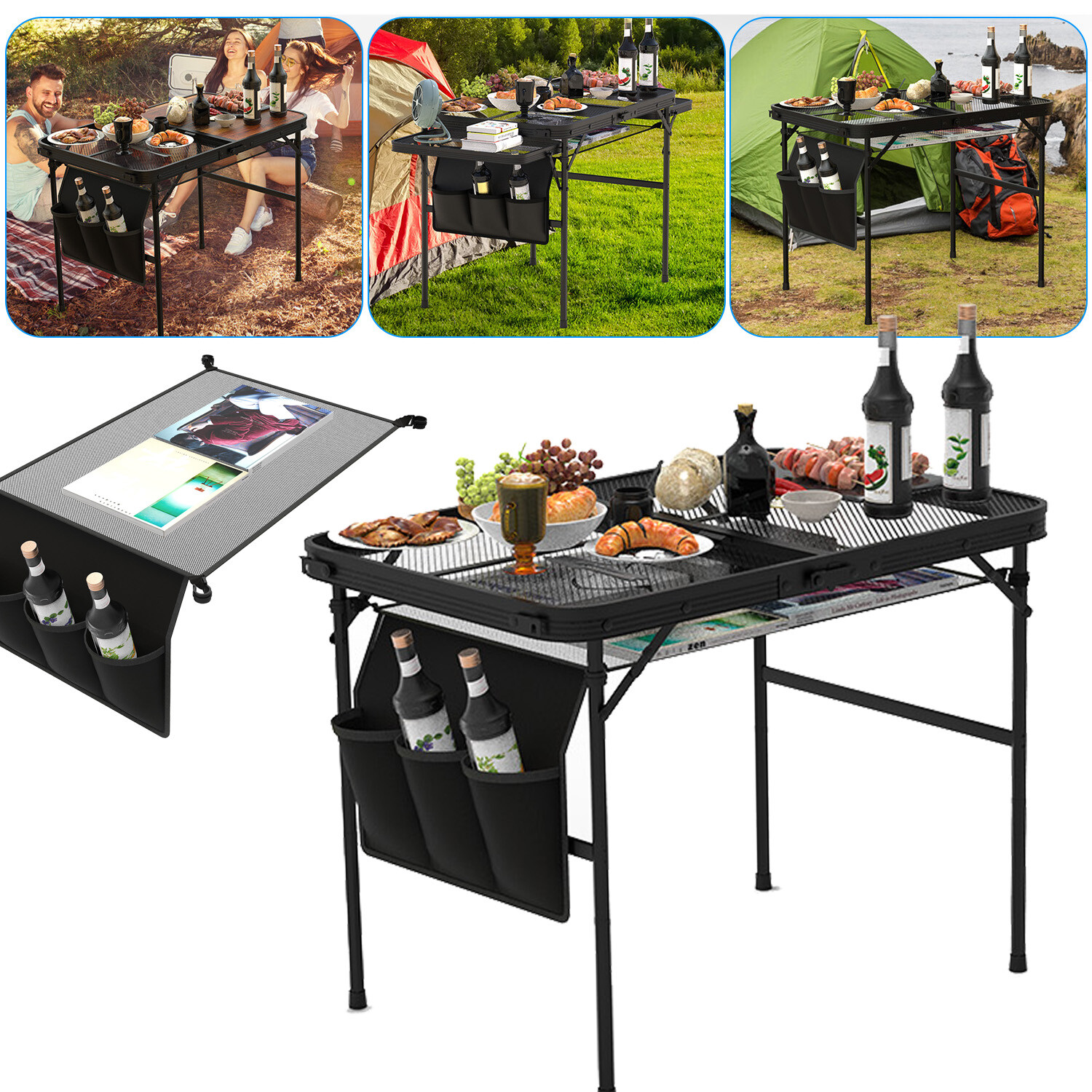 Height Adjustable Camping Table w/ Mesh Desktop, Picnic Table w/ Carry Handle