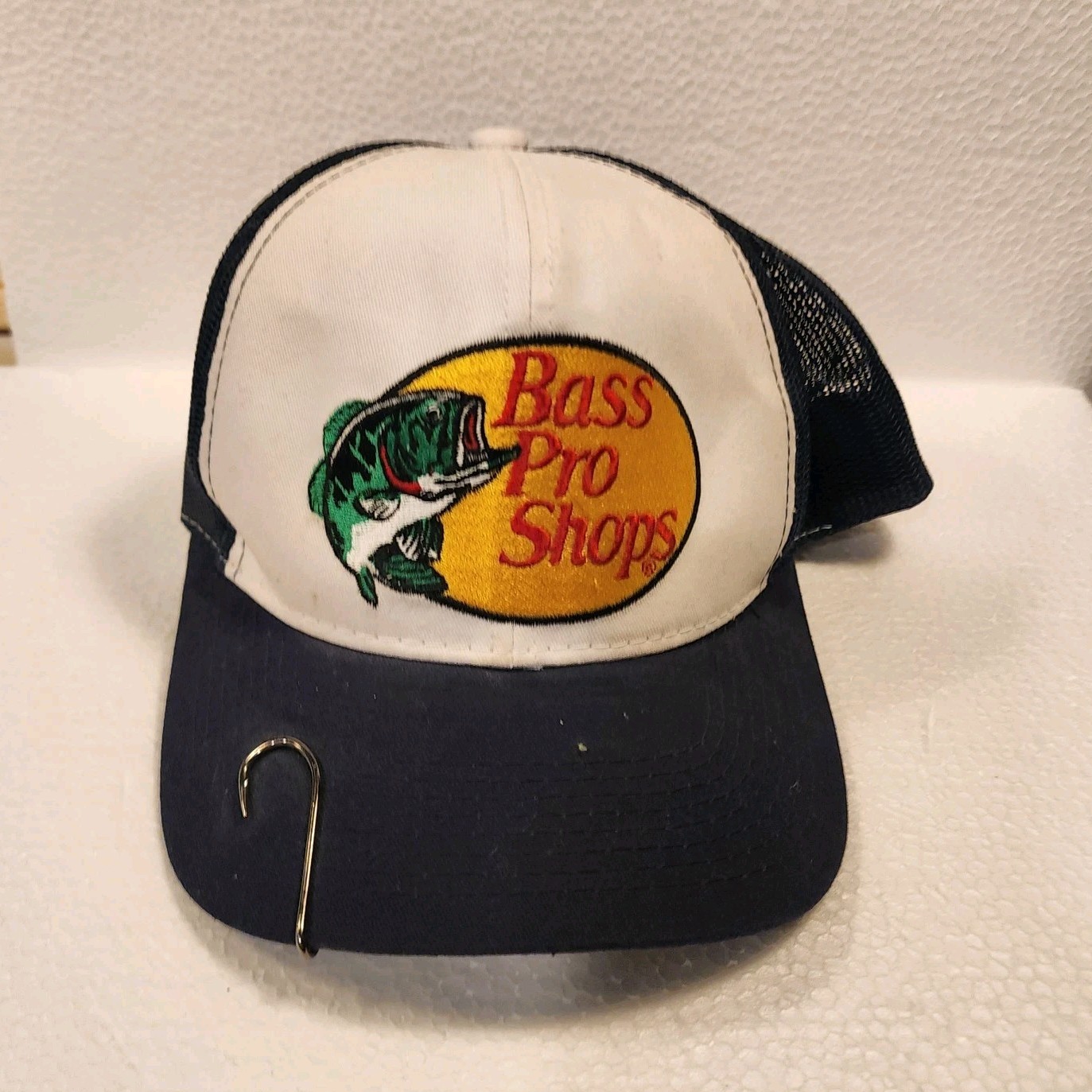 Bass Pro Shops Mesh Trucker Fishing Hat with Hook White Navy Adjustable Logo