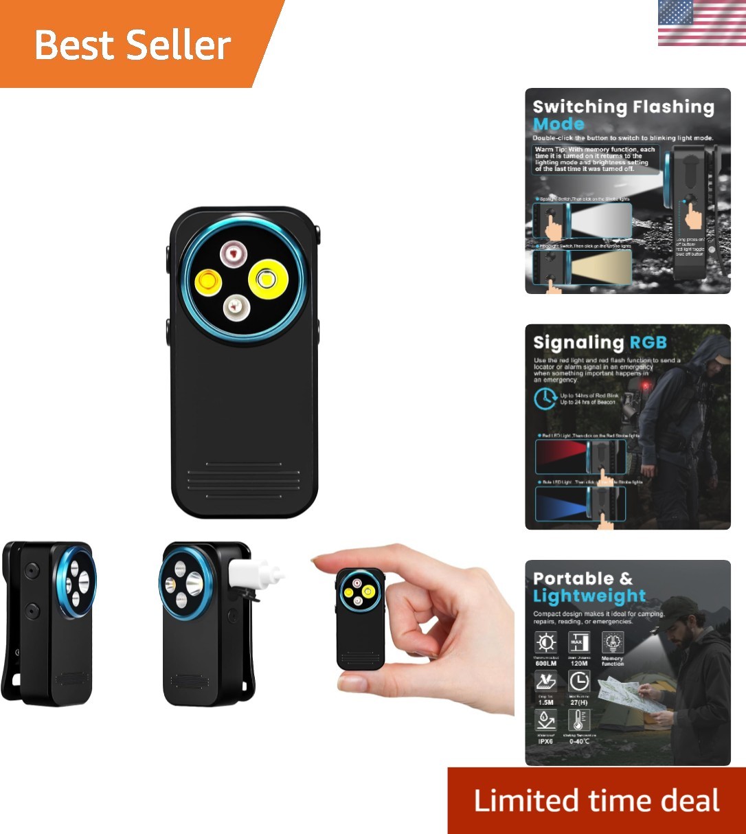 600 Lumen Rechargeable Clip-On Flashlight (Black) 4 Light Super Bright Pocket