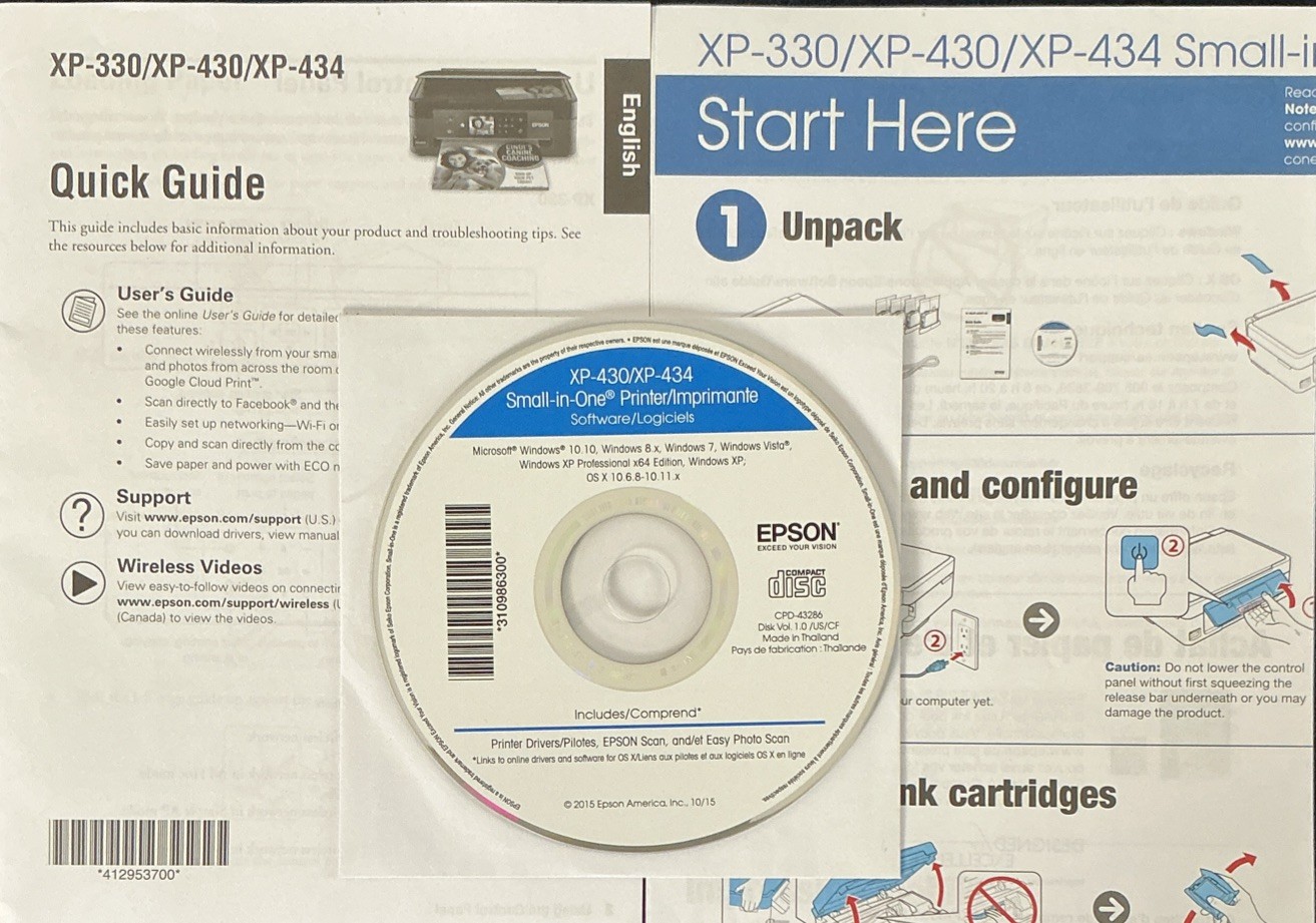Epson XP-430 XP-434 XP-330 Software CD Quick Guide Start Here OEM Setup Kit