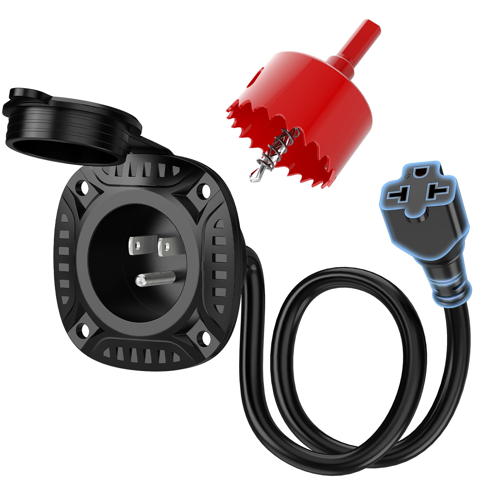 Waterproof RV Shore Power Inlet, 125V/20Amp T-Blade Electrical End w/2" Hole Saw