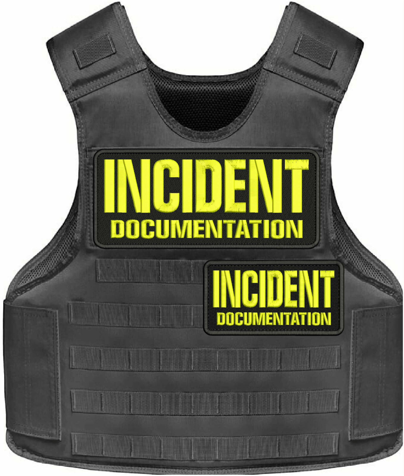 INCIDENT DOCUMENTATION 2 EMB PATCHES 4X10 AND 3X6 HOOK ON BACK YELLOW ON BLACK