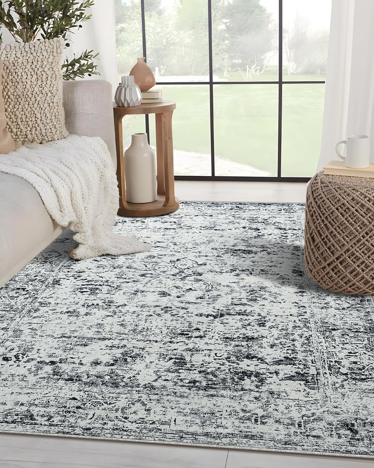 CRYPTOLITE Washable Area Rugs 5x7 Vintage Rug Non Slip Low Pile Faux Wool Sof...