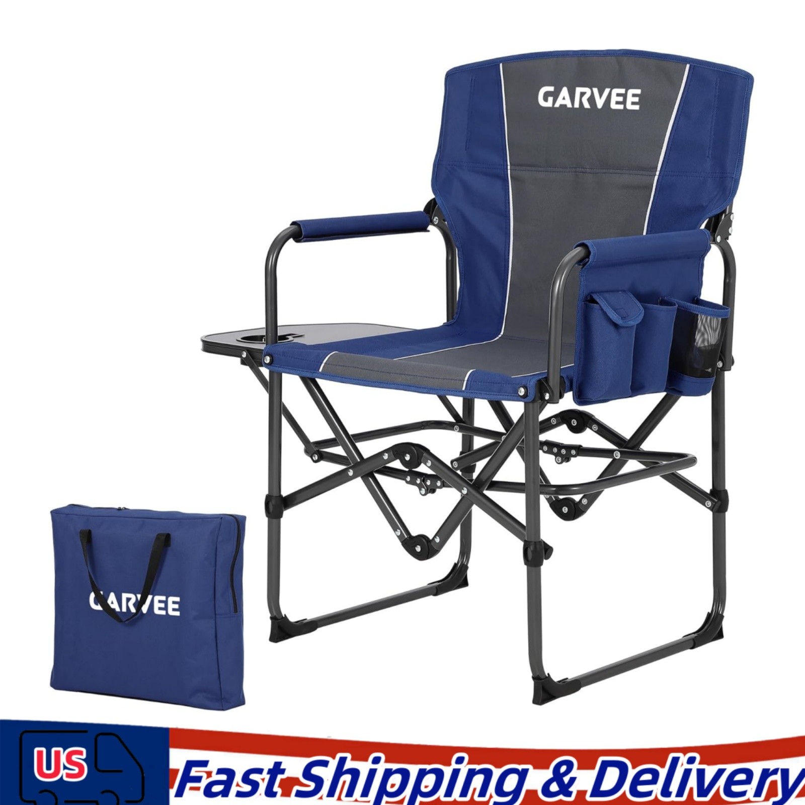 Blue Portable Camping Chair Heavy Duty Folding Chair w/ Cup Holder Oversized