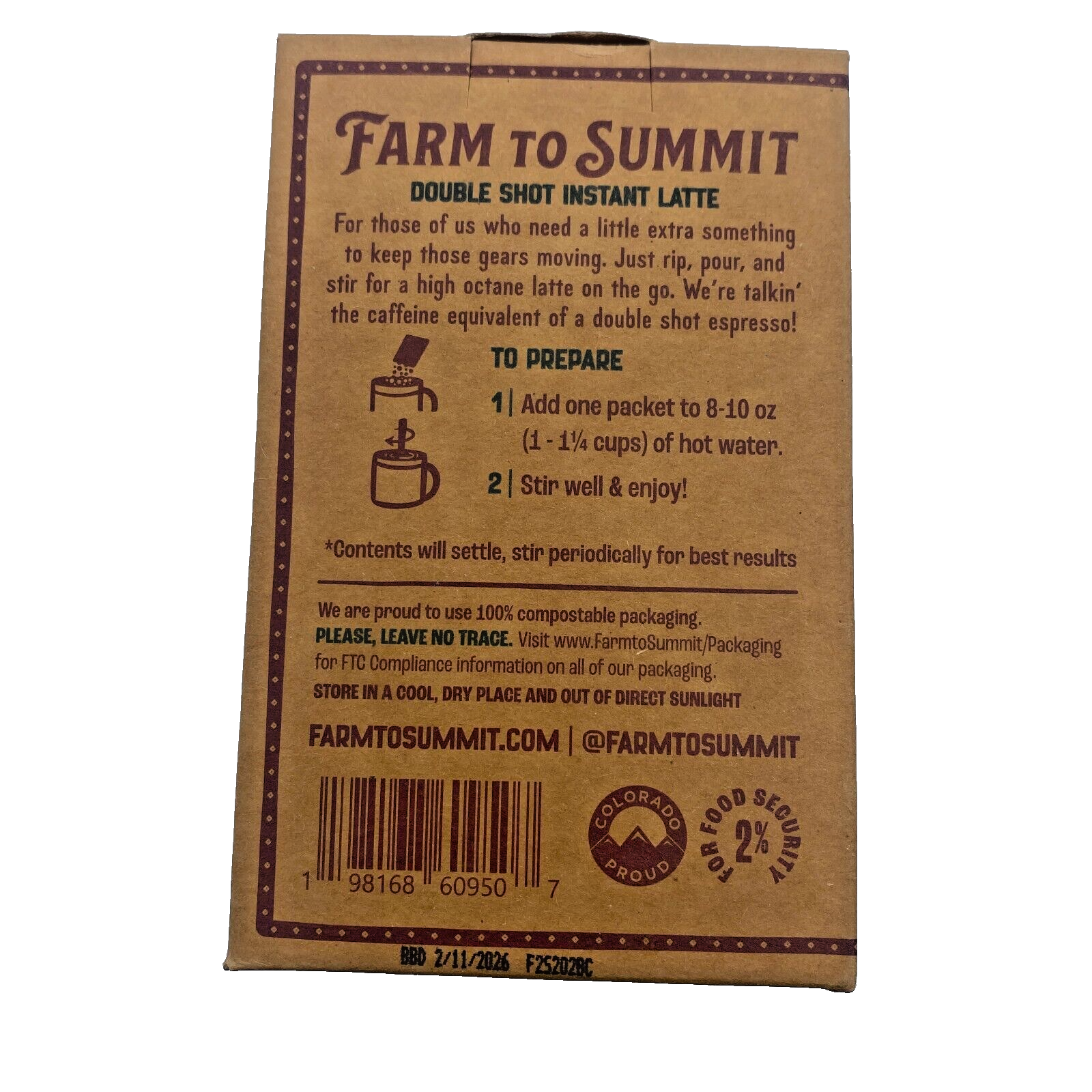 Farm to Summit INSTANT Latte Organic Coffee, Double Shot, 6 packets each.